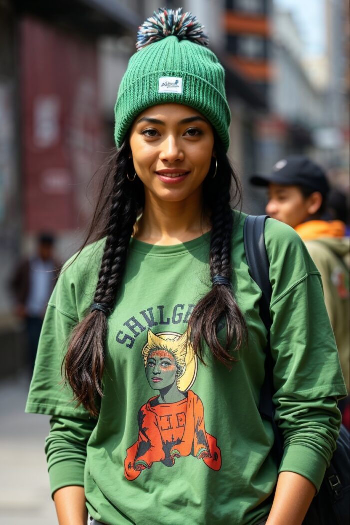 Green T-shirt with Beanie Cap - Image 2